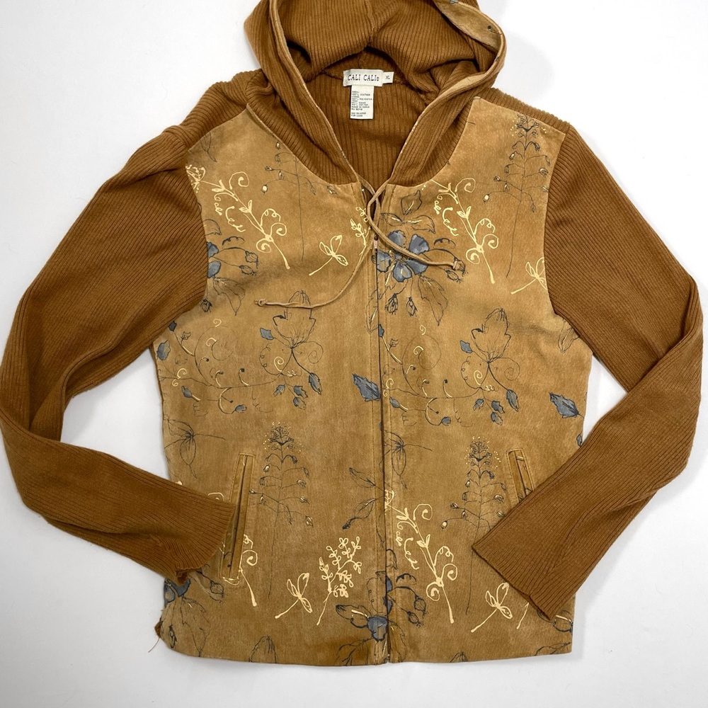 Floral Leather and Suede Zip Up Hoodie Sweater Jacket Women’s XL